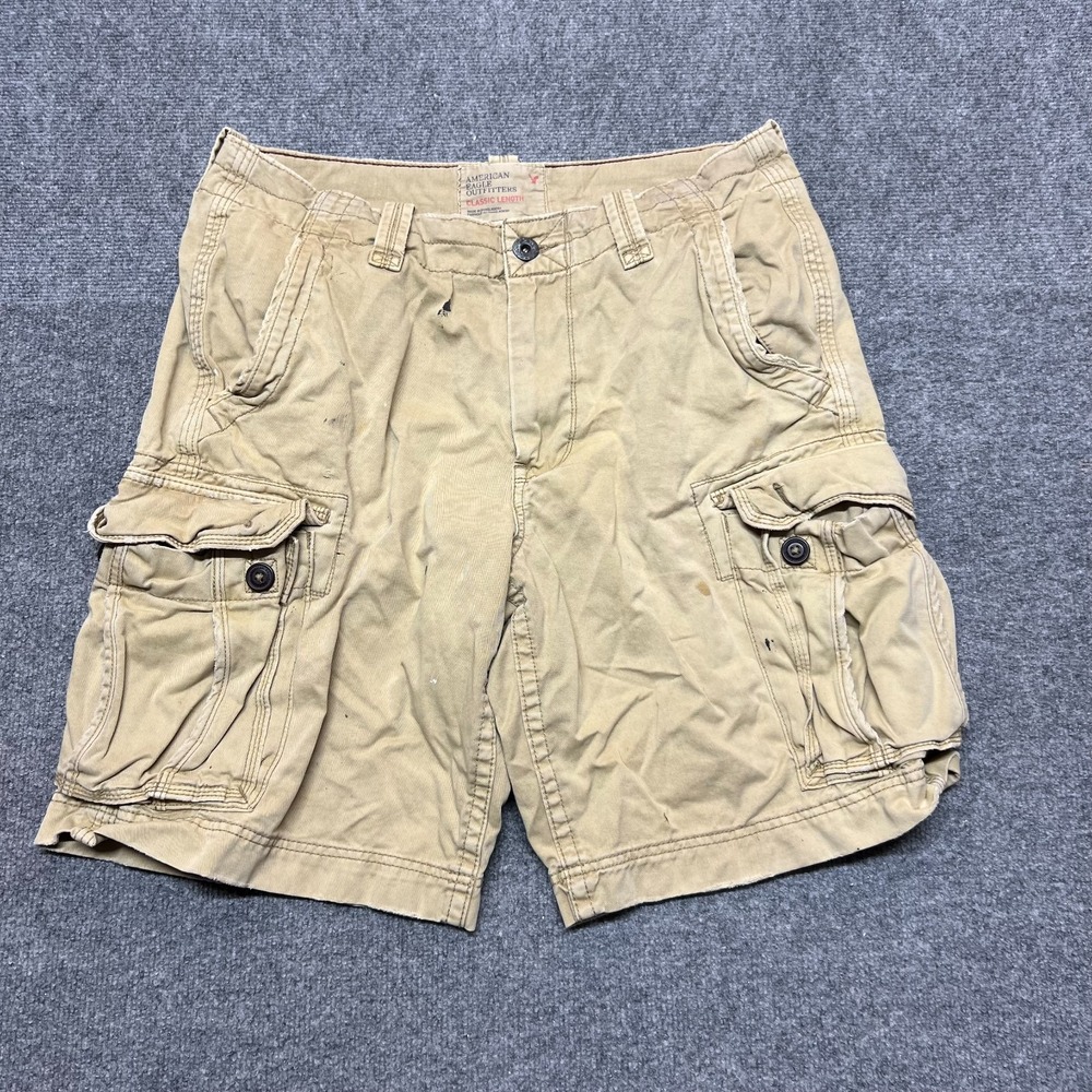 American Eagle Mens 34 Classic Length Cargo Shorts Khaki Tan Utility Y2K Baggy
